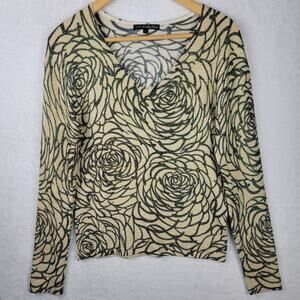 Large Sweater V Neck Whimsical Floral Metallic Black Tan Pullover Elegant Party